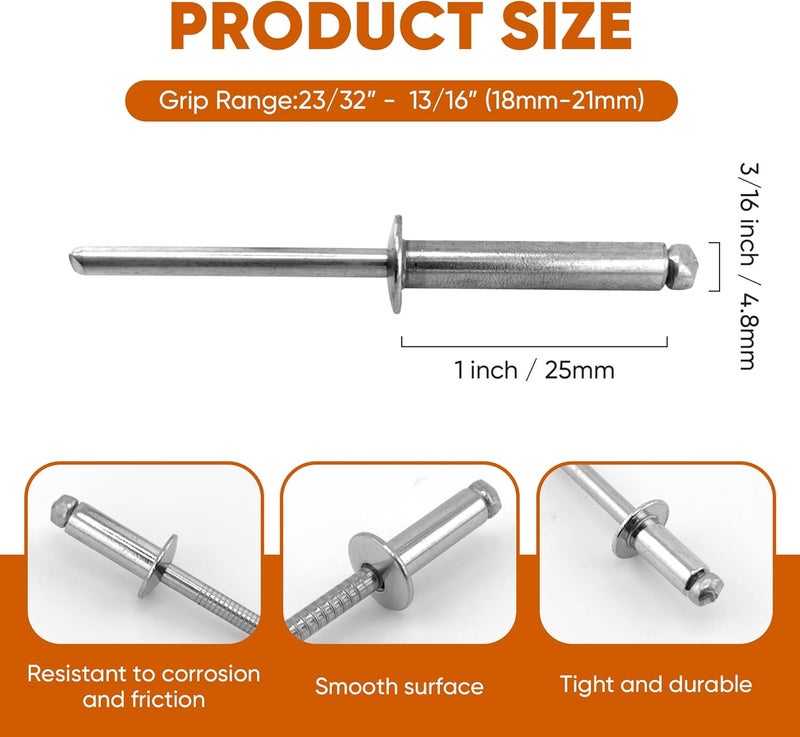 ALLCLEAN 60 Pcs 3/16"x1" Stainless Steel Blind Pro Rivets,4.8 x 25mm Pop Rivets,Stainless Steel Grip and Stainless Steel Mandrel - Image 2